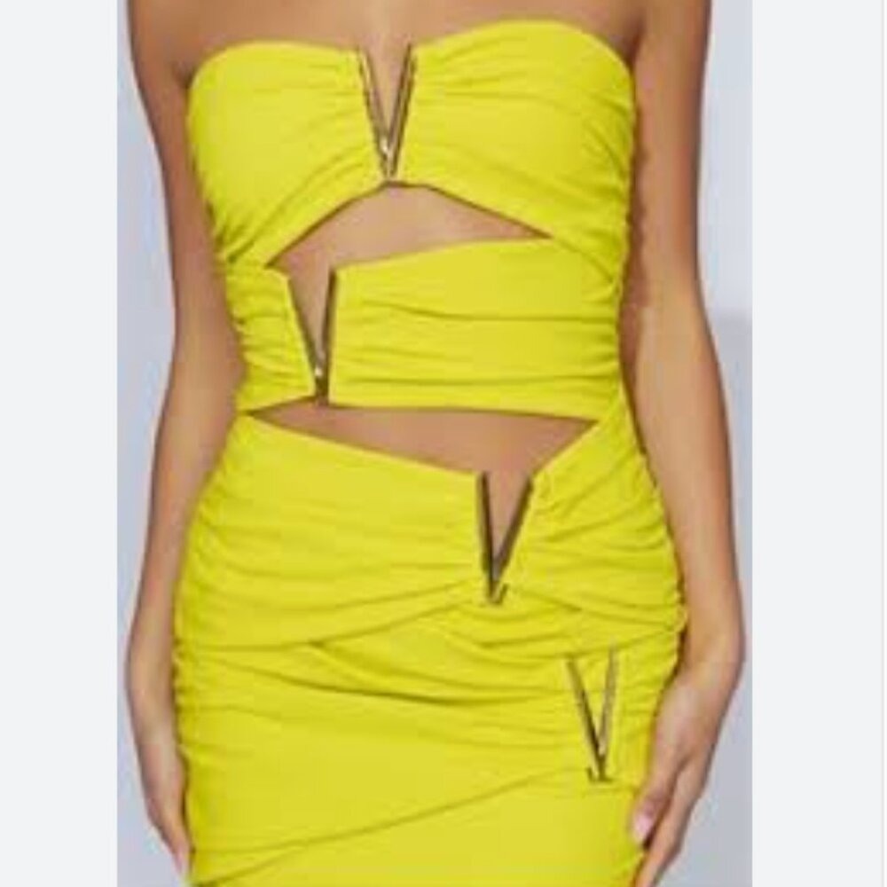 NEW Meshki Victorie V Hardware Mini Dress Lime Cutout Ruched Bodycon Size S‎